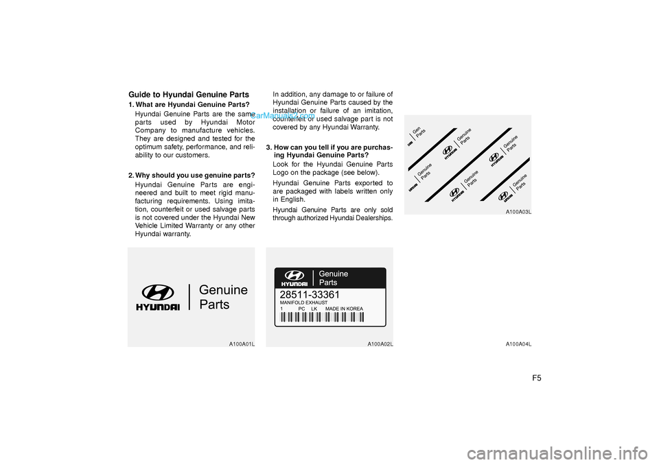 Hyundai Sonata Turbo 2011  Owners Manual F5
Guide to Hyundai Genuine Parts
1. What are Hyundai Genuine Parts?
Hyundai Genuine Parts are the same
parts used by Hyundai Motor
Company to manufacture vehicles.
They are designed and tested for th