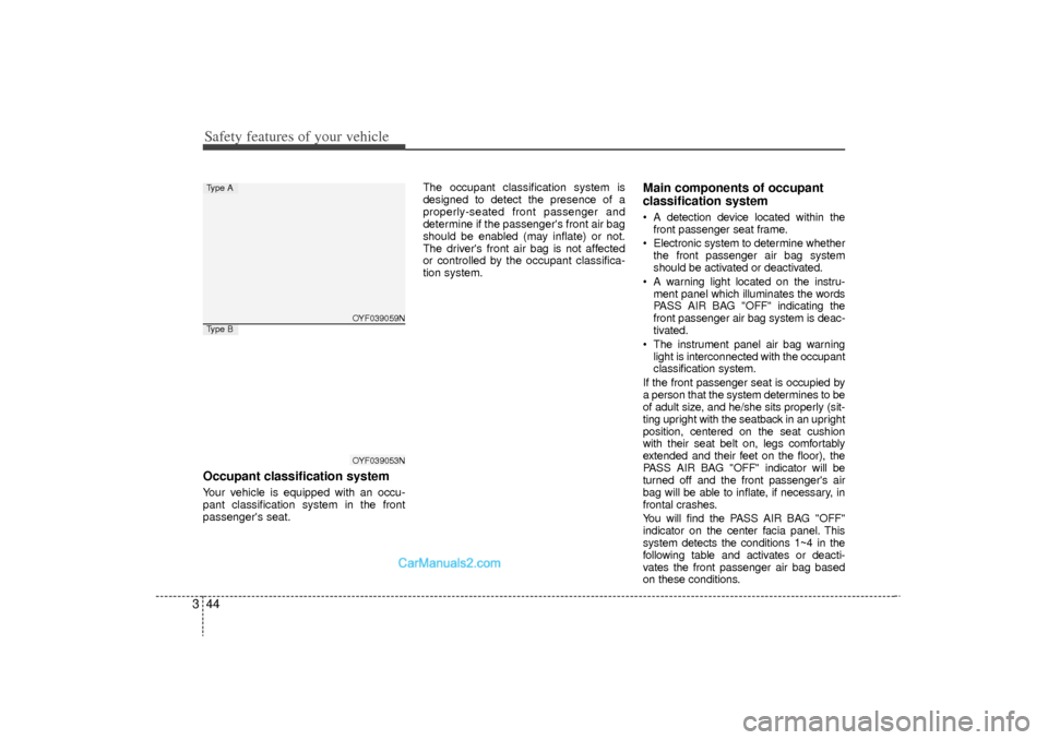 Hyundai Sonata Turbo 2011 Repair Manual Safety features of your vehicle44
3Occupant classification systemYour vehicle is equipped with an occu-
pant classification system in the front
passengers seat. The occupant classification system is
Hyundai Sonata Turbo 2011 Repair Manual Safety features of your vehicle44
3Occupant classification systemYour vehicle is equipped with an occu-
pant classification system in the front
passengers seat. The occupant classification system is
