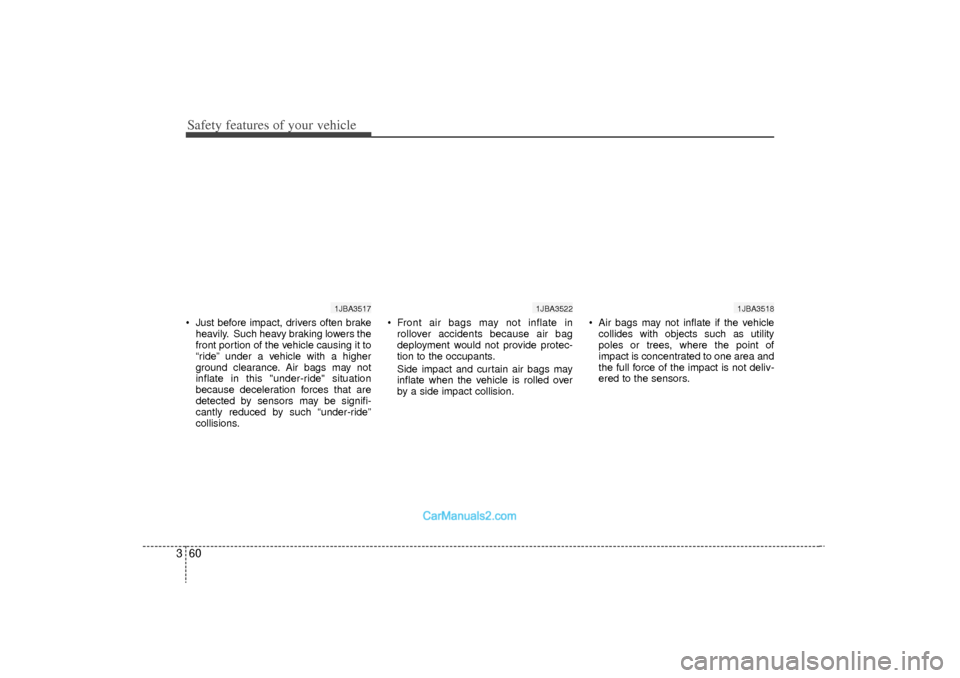 Hyundai Sonata Turbo 2011 Manual PDF Safety features of your vehicle60
3 Just before impact, drivers often brake
heavily. Such heavy braking lowers the
front portion of the vehicle causing it to
“ride” under a vehicle with a higher
Hyundai Sonata Turbo 2011 Manual PDF Safety features of your vehicle60
3 Just before impact, drivers often brake
heavily. Such heavy braking lowers the
front portion of the vehicle causing it to
“ride” under a vehicle with a higher