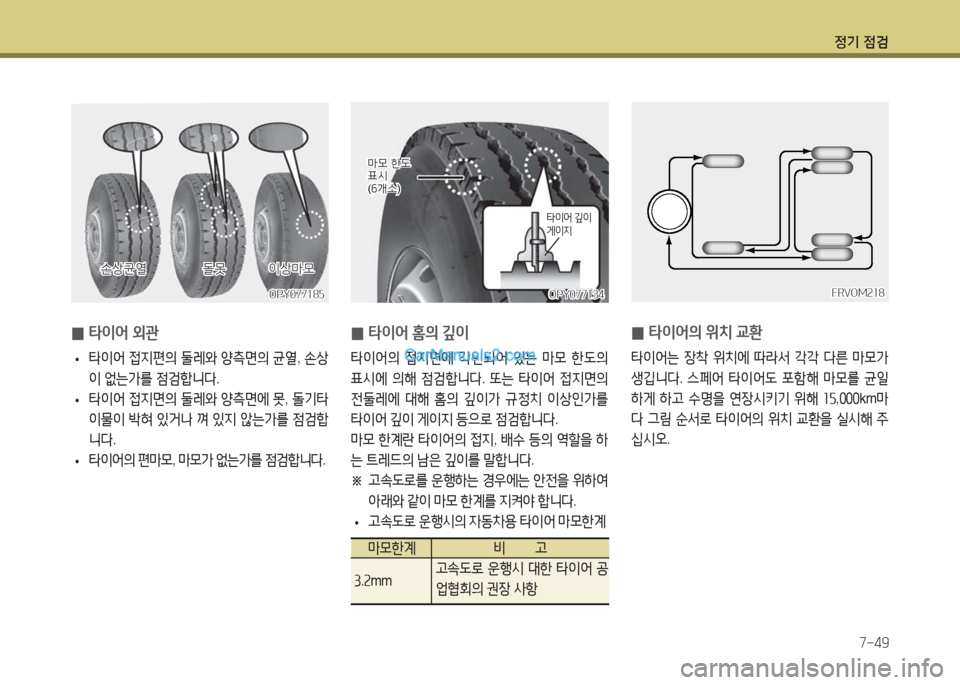 Hyundai Super Aero City 2016  슈퍼 에어로시티 - 사용 설명서 (in Korean) 정기 점검
7-49
 0타이어 외관
 •타이어 접지편의 둘레와 양측면의 균열, 손상
이 없는가를 점검합니다.
 •타이어 접지면의 둘레와 양측면에 못, 돌기