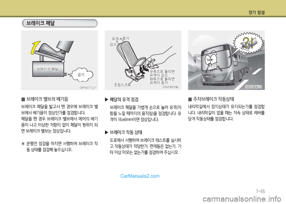 Hyundai Super Aero City 2016  슈퍼 에어로시티 - 사용 설명서 (in Korean) 정기 점검
7-55
 ▶페달의 유격 점검
 브레이크 페달을 가볍게 손으로 눌러 유격(저
항을 느낄 때까지의 움직임)을 점검합니다. 유
격이 16±6mm이면 정상
