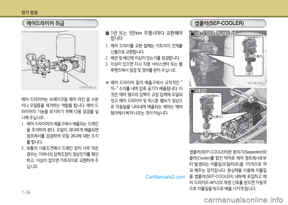 Hyundai Super Aero City 2016  슈퍼 에어로시티 - 사용 설명서 (in Korean) 정기 점검
7-56
에어 드라이어는 브레이크용 에어 라인 중 수분
이나 오일등을 제거하는 역할을 합니다. 에어 드
라이어의 기능을 유지하기 위해 다음 