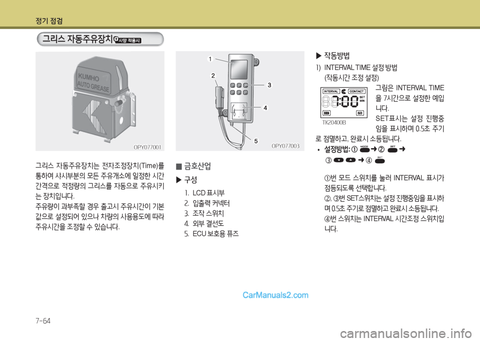 Hyundai Super Aero City 2016  슈퍼 에어로시티 - 사용 설명서 (in Korean) 정기 점검
7-64
 0금호산업
 ▶구성
1.  L C D  표시부
2. 입출력 커넥터
3. 조작 스위치
4. 외부 결선도
5.  E C U  보호용 퓨즈
OPY077003OPY077003
 ①번 모드 스위