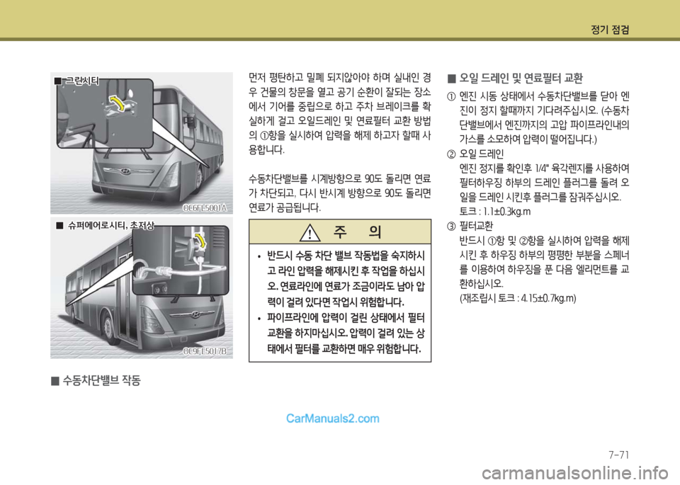 Hyundai Super Aero City 2016  슈퍼 에어로시티 - 사용 설명서 (in Korean) 정기 점검
7-71
OC9FL5017BOC9FL5017B
OC6FL5001AOC6FL5001A
  00그린시티그린시티
  00슈퍼에어로시티, 초저상슈퍼에어로시티, 초저상
 0수동차단밸브 작동
 0오