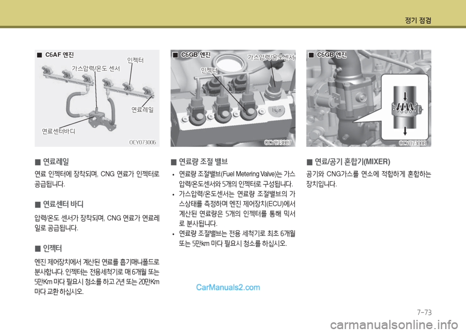Hyundai Super Aero City 2016  슈퍼 에어로시티 - 사용 설명서 (in Korean) 정기 점검
7-73
연료센터바디연료센터바디
연료레일연료레일
인젝터인젝터
가스압력/온도 센서가스압력/온도 센서
 0연료레일
연료 인젝터에 장착되