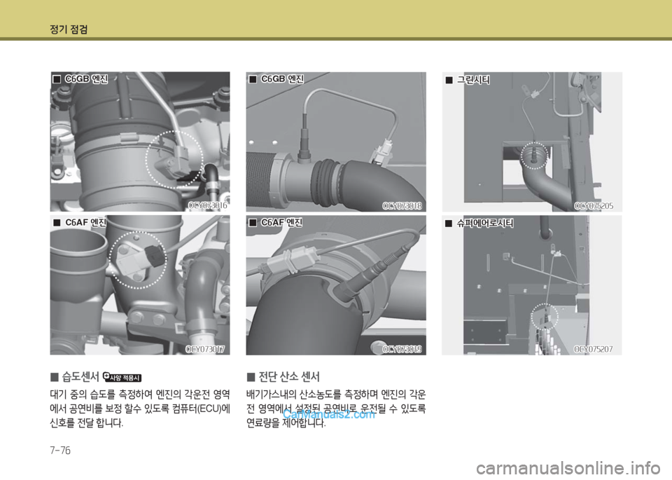 Hyundai Super Aero City 2016  슈퍼 에어로시티 - 사용 설명서 (in Korean) 정기 점검
7-76
 0습도센서 
대기 중의 습도를 측정하여 엔진의 각운전 영역
에서 공연비를 보정 할수 있도록 컴퓨터(ECU)에 
신호를 전달 합니다.
  00C6G