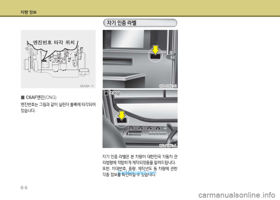 Hyundai Super Aero City 2016  슈퍼 에어로시티 - 사용 설명서 (in Korean) 차량 정보
8-6
자기 인증 라벨은 본 차량이 대한민국 자동차 관
리법령에 적합하게 제작되었음을 알려드립니다.
또한, 차대번호, 중량, 제작년도 등 차�