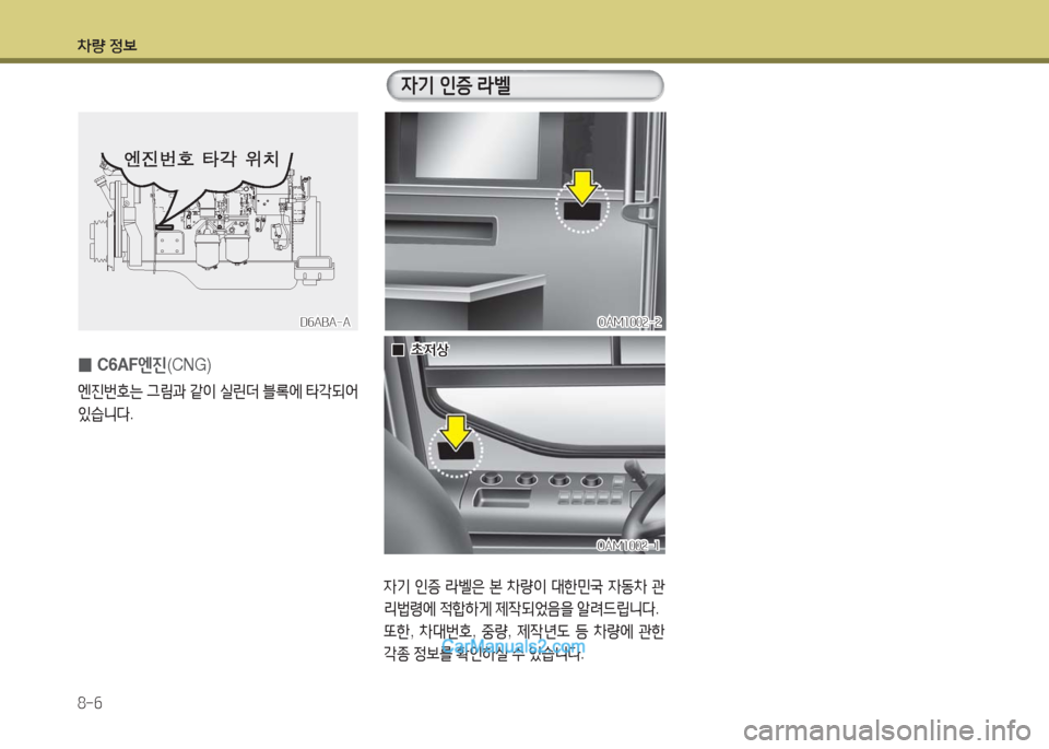 Hyundai Super Aero City 2016  슈퍼 에어로시티 - 사용 설명서 (in Korean) 차량 정보
8-6
자기 인증 라벨은 본 차량이 대한민국 자동차 관
리법령에 적합하게 제작되었음을 알려드립니다.
또한, 차대번호, 중량, 제작년도 등 차