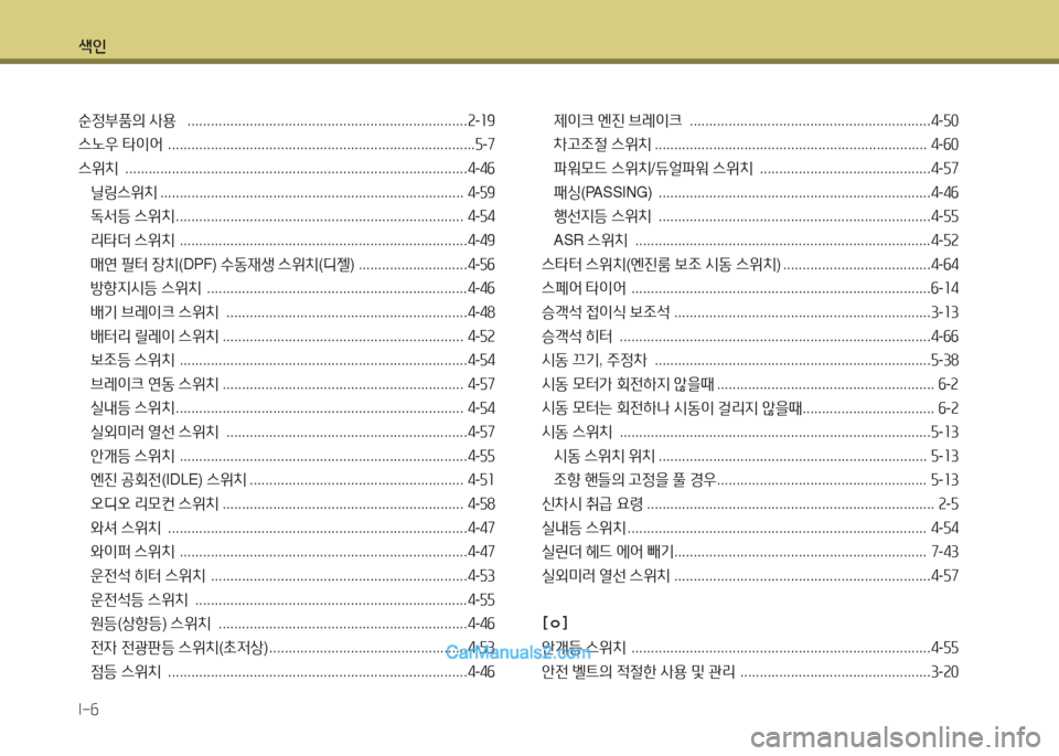 Hyundai Super Aero City 2016 슈퍼 에어로시티 - 사용 설명서 (in Korean) 색인
I-6
순정부품의 사용 ........................................................................2-19
스노우 타이어 .................................................................. Hyundai Super Aero City 2016 슈퍼 에어로시티 - 사용 설명서 (in Korean) 색인
I-6
순정부품의 사용 ........................................................................2-19
스노우 타이어 ..................................................................