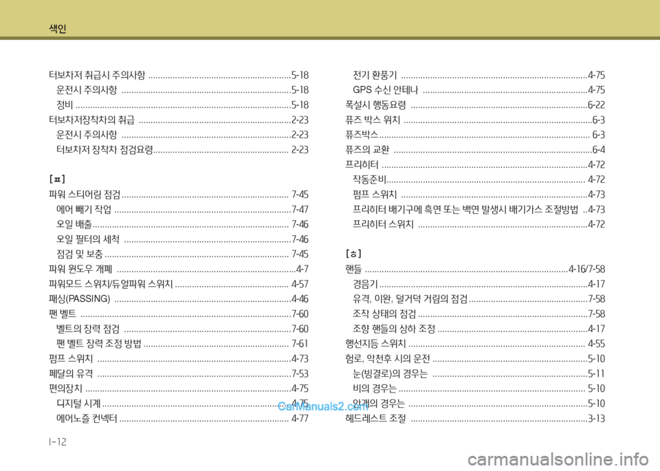 Hyundai Super Aero City 2016 슈퍼 에어로시티 - 사용 설명서 (in Korean) 색인
I-12
터보차저 취급시 주의사항 ...........................................................5-18
운전시 주의사항 ............................................................... Hyundai Super Aero City 2016 슈퍼 에어로시티 - 사용 설명서 (in Korean) 색인
I-12
터보차저 취급시 주의사항 ...........................................................5-18
운전시 주의사항 ...............................................................