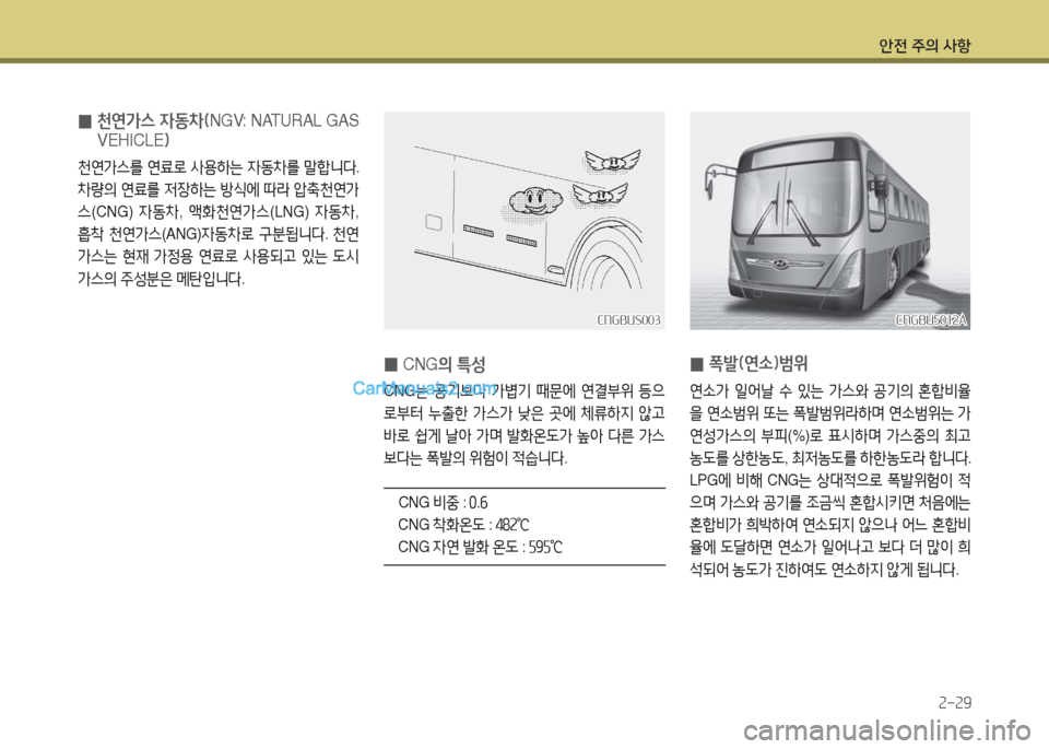 Hyundai Super Aero City 2016  슈퍼 에어로시티 - 사용 설명서 (in Korean) 안전 주의 사항
2-29
 0 천연가스 자동차(NGV: NATURAL GAS 
VEHICLE)
천연가스를 연료로 사용하는 자동차를 말합니다. 
차량의 연료를 저장하는 방식에 따라 압