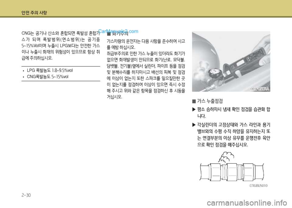 Hyundai Super Aero City 2016  슈퍼 에어로시티 - 사용 설명서 (in Korean) 안전 주의 사항
2-30
CNG는 공기나 산소와 혼합되면 폭발성 혼합가
스가 되며 폭발범위(연소범위)는 공기중 
5~15%Vol이며 누출시 LPG보다는 안전한 가스
이