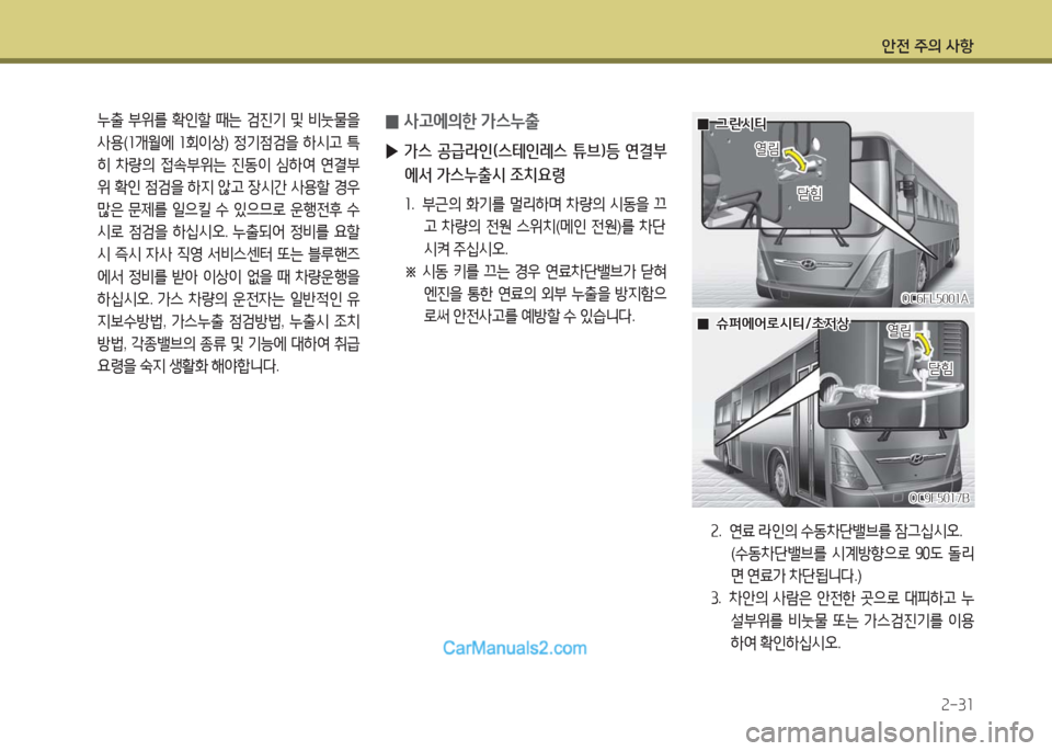 Hyundai Super Aero City 2016  슈퍼 에어로시티 - 사용 설명서 (in Korean) 안전 주의 사항
2-31
 누출 부위를 확인할 때는 검진기 및 비눗물을 
사용(1개월에 1회이상) 정기점검을 하시고 특
히 차량의 접속부위는 진동이 심하여 �
