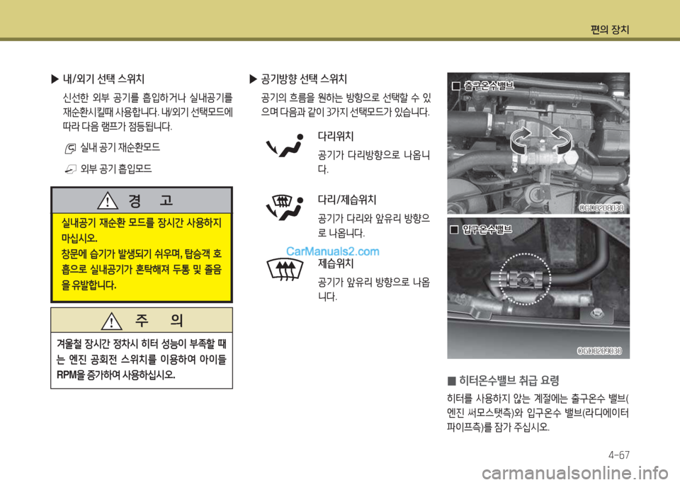 Hyundai Super Aero City 2015  슈퍼 에어로시티 - 사용 설명서 (in Korean) 편의 장치4-작7
 
▶ 내/외기 선택 스위치
 신선한  외부  공기를  흡4
A