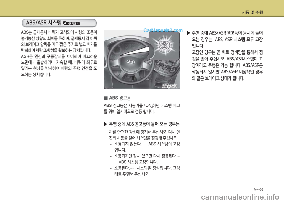 Hyundai Super Aero City 2015  슈퍼 에어로시티 - 사용 설명서 (in Korean) /d동 및 주B5-33
 
0 ABS 
경고등
ABS 경고등은  시동=,를  
「ON
」하면
 시스템  체크
를  위해  일시4