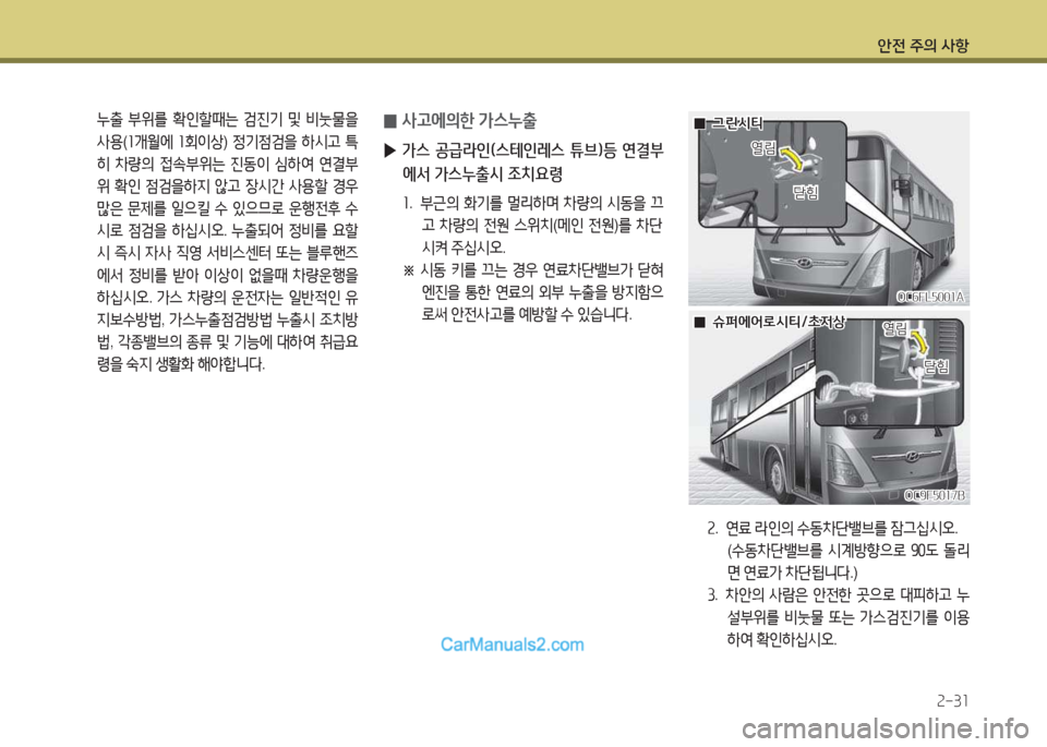 Hyundai Super Aero City 2015  슈퍼 에어로시티 - 사용 설명서 (in Korean) 안전 주의 사항2-31
 누출  부위를  B