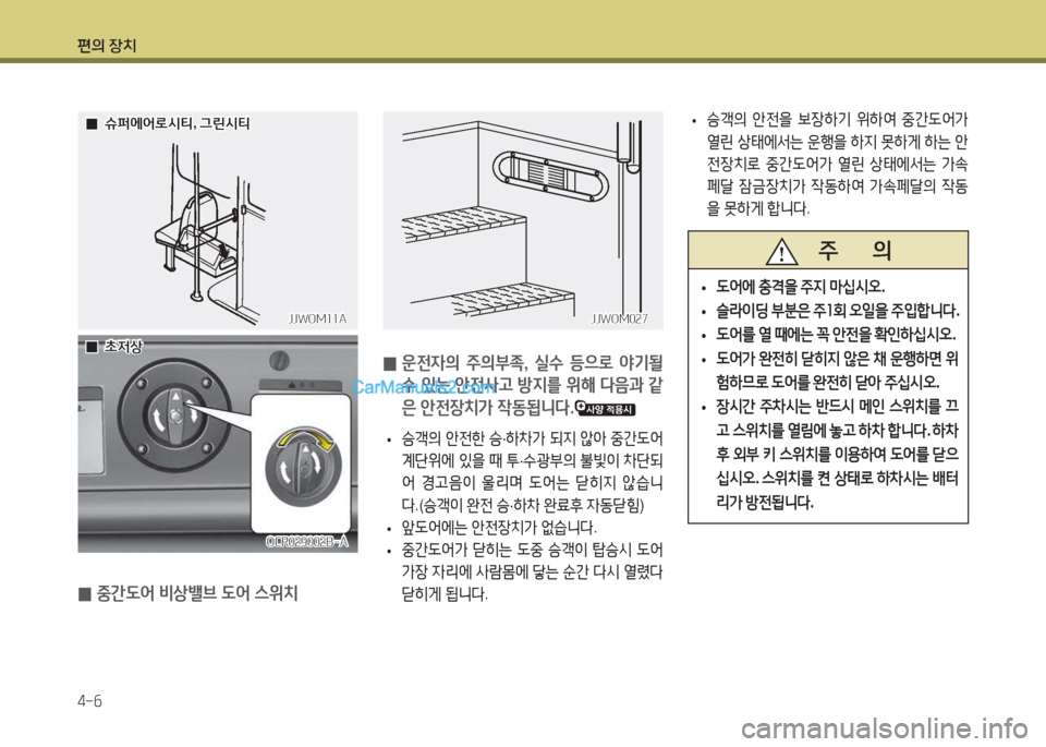 Hyundai Super Aero City 2015  슈퍼 에어로시티 - 사용 설명서 (in Korean) 편의 장치 4-작
 
0 중간 L2< 비상밸브  L2< 스위치  
0  
운전4의  주의부4