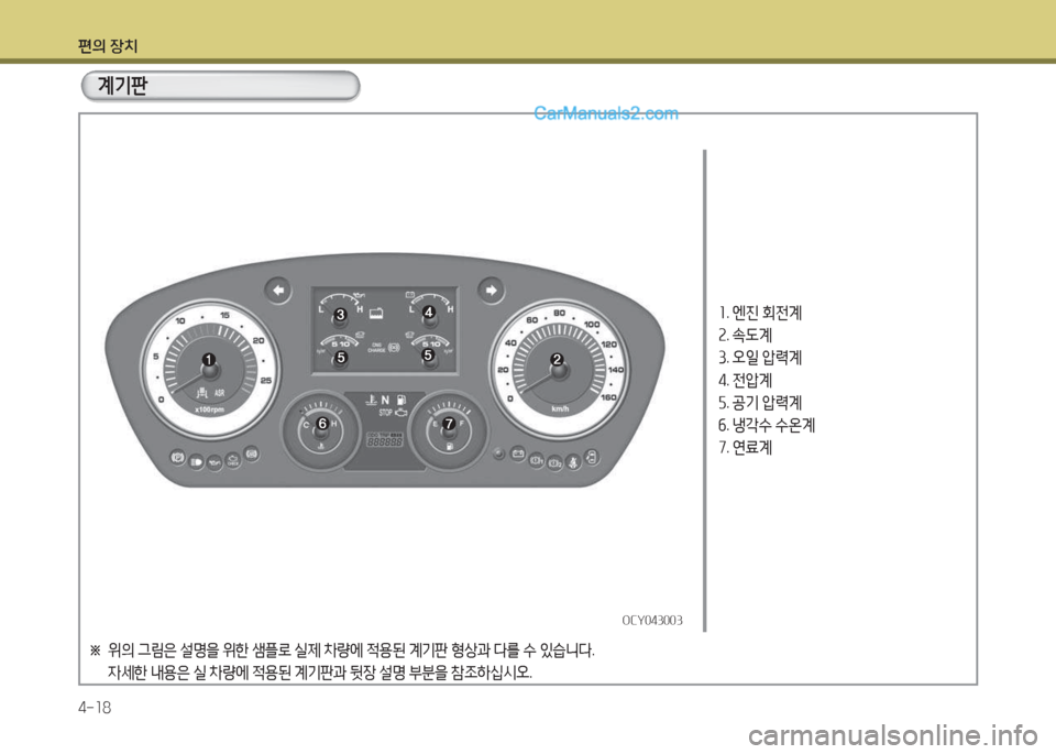 Hyundai Super Aero City 2015  슈퍼 에어로시티 - 사용 설명서 (in Korean) 편의 장치 4-소8
OCY043003OCY043003
소. 엔진  회전계
속 . . L계
① . 오4  1