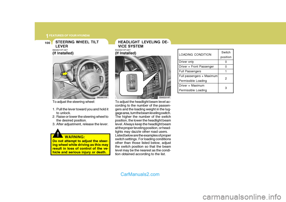 Hyundai Terracan 2007  Owners Manual 1FEATURES OF YOUR HYUNDAI
100
LOADING CONDITION Driver only Driver + Front PassengerFull Passengers Full passengers + Maximum Permissible LoadingDriver + Maximum Permissible LoadingSwitch
position 0 0