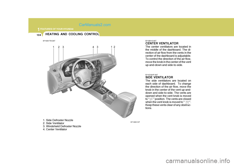 Hyundai Terracan 2007  Owners Manual 1FEATURES OF YOUR HYUNDAI
104
B710B01S-AAT CENTER VENTILATOR The center ventilators are located in the middle of the dashboard. The di- rection of air flow from the vents in thecenter of the dashboard
