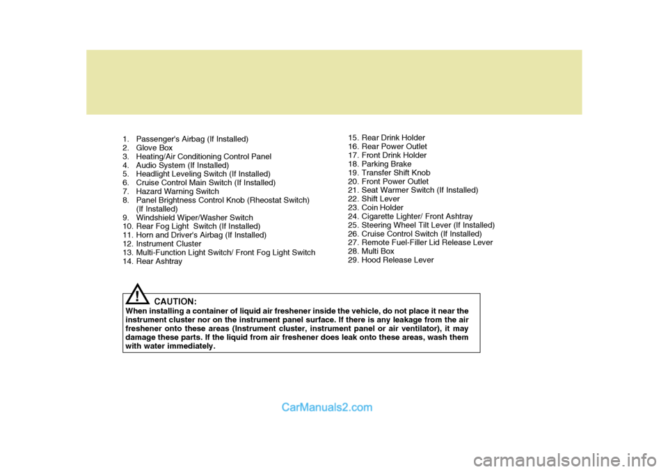 Hyundai Terracan 2007 Owners Manual CAUTION:
When installing a container of liquid air freshener inside the vehicle, do not place it near the instrument cluster nor on the instrument panel surface. If there is any leakage from the air f Hyundai Terracan 2007 Owners Manual CAUTION:
When installing a container of liquid air freshener inside the vehicle, do not place it near the instrument cluster nor on the instrument panel surface. If there is any leakage from the air f