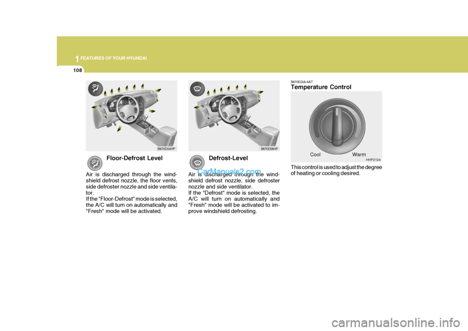 Hyundai Terracan 2007  Owners Manual 1FEATURES OF YOUR HYUNDAI
108
Floor-Defrost Level
Air is discharged through the wind- shield defrost nozzle, the floor vents, side defroster nozzle and side ventila-tor. If the "Floor-Defrost" mode is