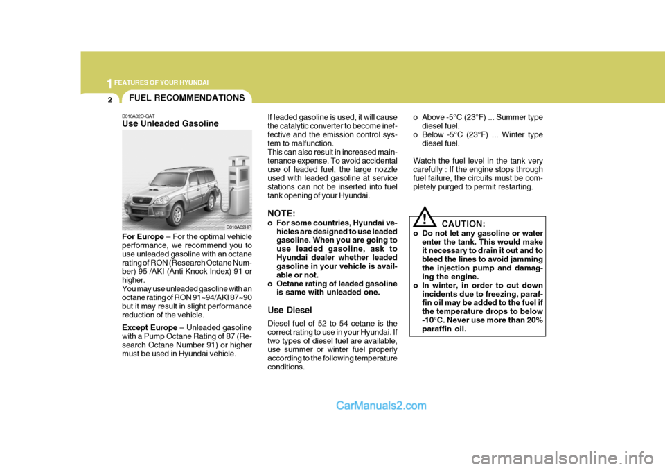 Hyundai Terracan 2007 User Guide 1FEATURES OF YOUR HYUNDAI
2
B010A02O-GAT Use Unleaded Gasoline For Europe
– For the optimal vehicle
performance, we recommend you to use unleaded gasoline with an octanerating of RON (Research Octa Hyundai Terracan 2007 User Guide 1FEATURES OF YOUR HYUNDAI
2
B010A02O-GAT Use Unleaded Gasoline For Europe
– For the optimal vehicle
performance, we recommend you to use unleaded gasoline with an octanerating of RON (Research Octa