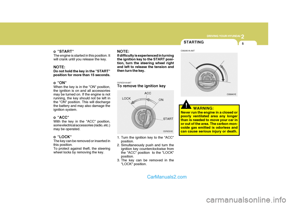 Hyundai Terracan 2007  Owners Manual 2
 DRIVING YOUR HYUNDAI
5
o "START" The engine is started in this position. It will crank until you release the key. NOTE: Do not hold the key in the "START" position for more than 15 seconds. 
o "ON"