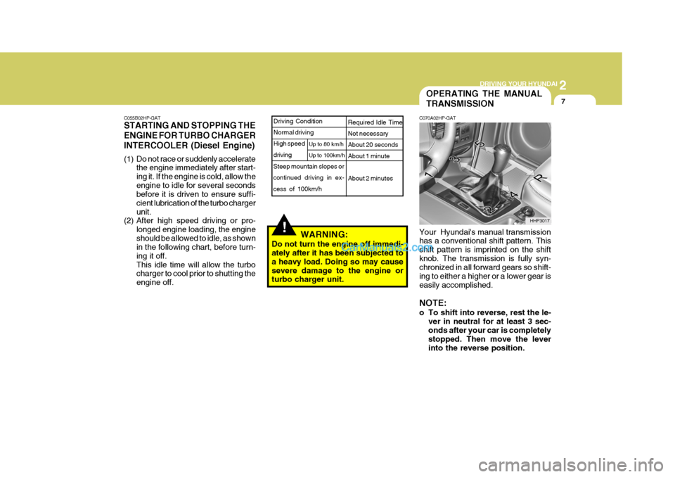 Hyundai Terracan 2007  Owners Manual 2
 DRIVING YOUR HYUNDAI
7
C055B02HP-GAT STARTING AND STOPPING THE ENGINE FOR TURBO CHARGERINTERCOOLER (Diesel Engine) 
(1) Do not race or suddenly accelerate the engine immediately after start- ing it