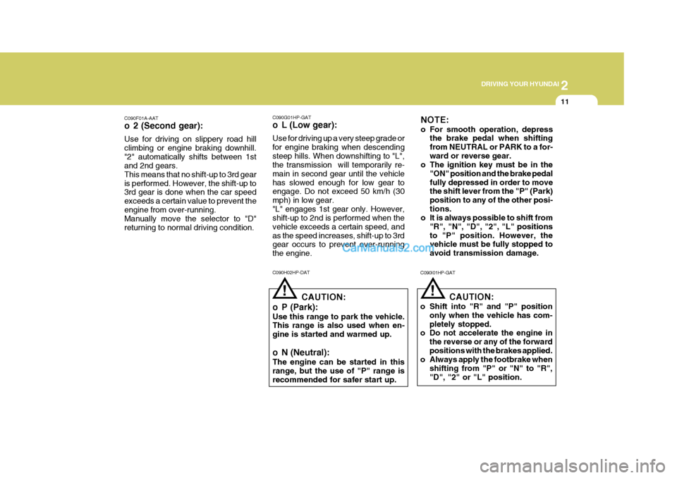 Hyundai Terracan 2007  Owners Manual 2
 DRIVING YOUR HYUNDAI
11
!
C090F01A-AAT 
o 2 (Second gear): Use for driving on slippery road hill climbing or engine braking downhill."2" automatically shifts between 1st and 2nd gears. This means t