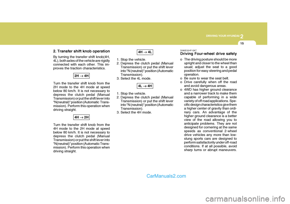 Hyundai Terracan 2007  Owners Manual 2
 DRIVING YOUR HYUNDAI
15
2. Transfer shift knob operation By turning the transfer shift knob(4H, 4L), both axles of the vehicle are rigidlyconnected with each other. This im- proves the traction cha