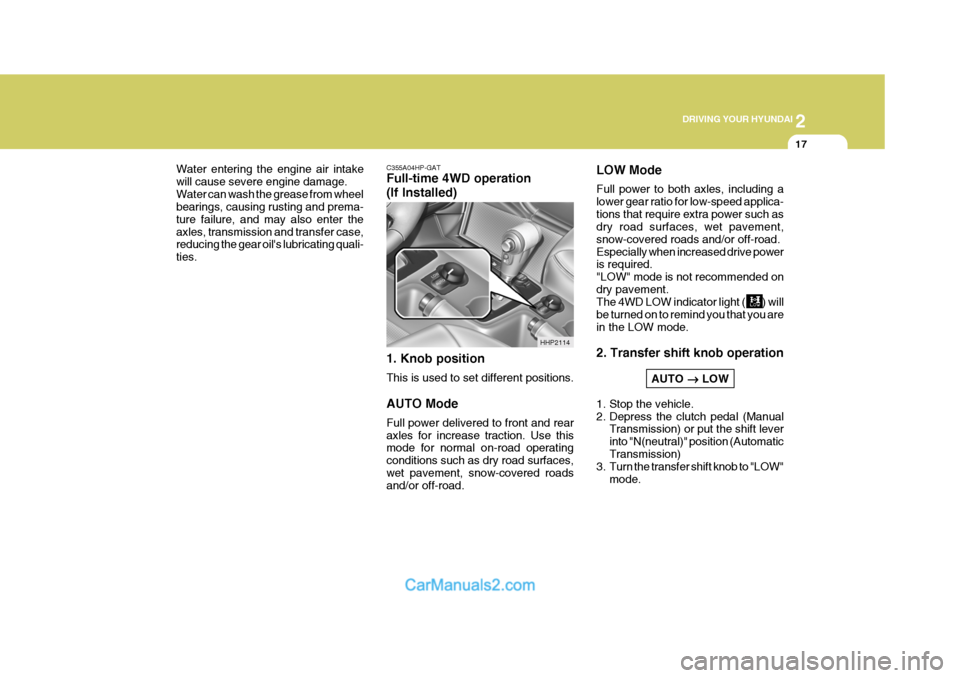 Hyundai Terracan 2007  Owners Manual 2
 DRIVING YOUR HYUNDAI
17
C355A04HP-GAT Full-time 4WD operation (If Installed) 1. Knob position This is used to set different positions. AUTO Mode Full power delivered to front and rear axles for inc