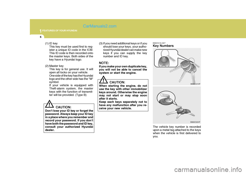 Hyundai Terracan 2007 User Guide 1FEATURES OF YOUR HYUNDAI
6
(3) If you need additional keys or if you
should lose your keys, your autho- rized Hyundai dealer can make new keys if you can supply the key number and ID key.
NOTE: If yo Hyundai Terracan 2007 User Guide 1FEATURES OF YOUR HYUNDAI
6
(3) If you need additional keys or if you
should lose your keys, your autho- rized Hyundai dealer can make new keys if you can supply the key number and ID key.
NOTE: If yo