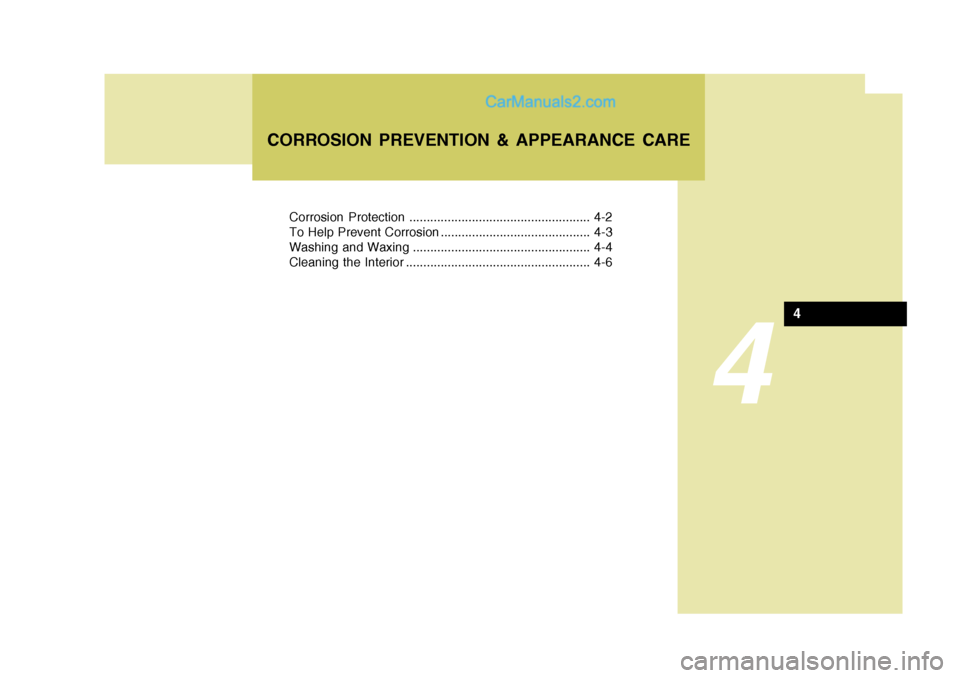 Hyundai Terracan 2007  Owners Manual 4
Corrosion Protection .................................................... 4-2 
To Help Prevent Corrosion ........................................... 4-3
Washing and Waxing ..........................