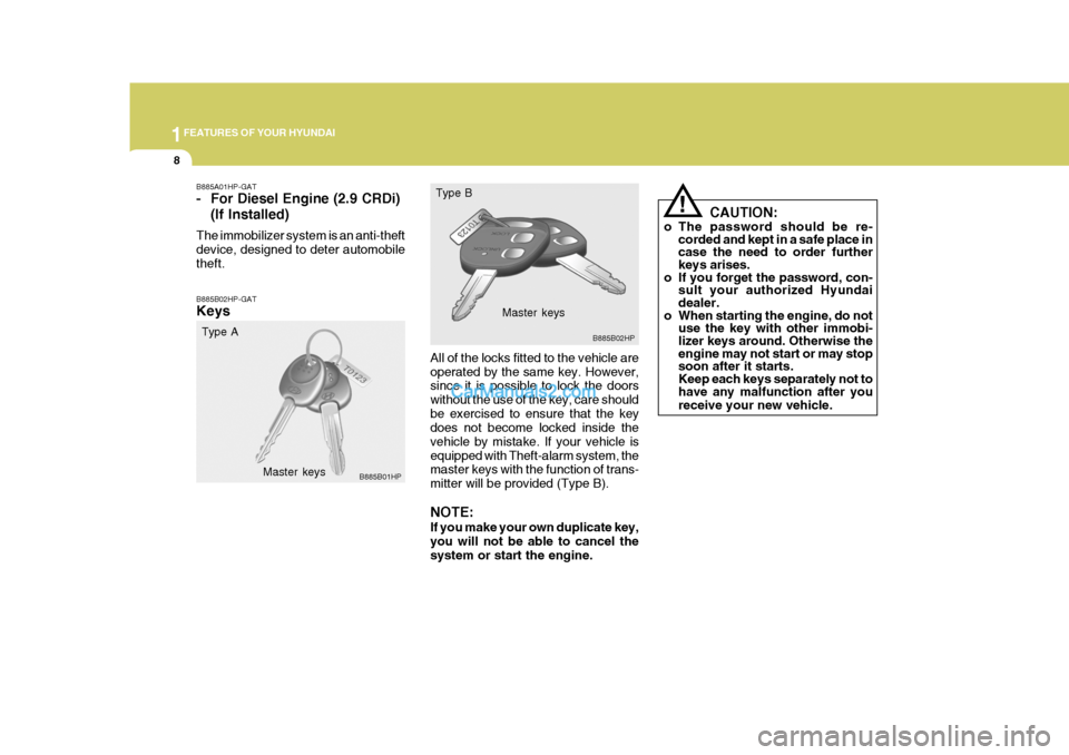 Hyundai Terracan 2007  Owners Manual 1FEATURES OF YOUR HYUNDAI
8
B885B02HP-GAT Keys
All of the locks fitted to the vehicle are operated by the same key. However, since it is possible to lock the doors without the use of the key, care sho
