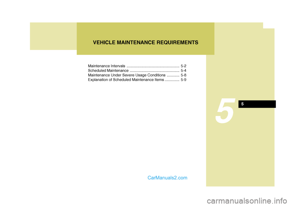 Hyundai Terracan 2007  Owners Manual Maintenance Intervals .................................................. 5-2 
Scheduled Maintenance ............................................... 5-4
Maintenance Under Severe Usage Conditions ......