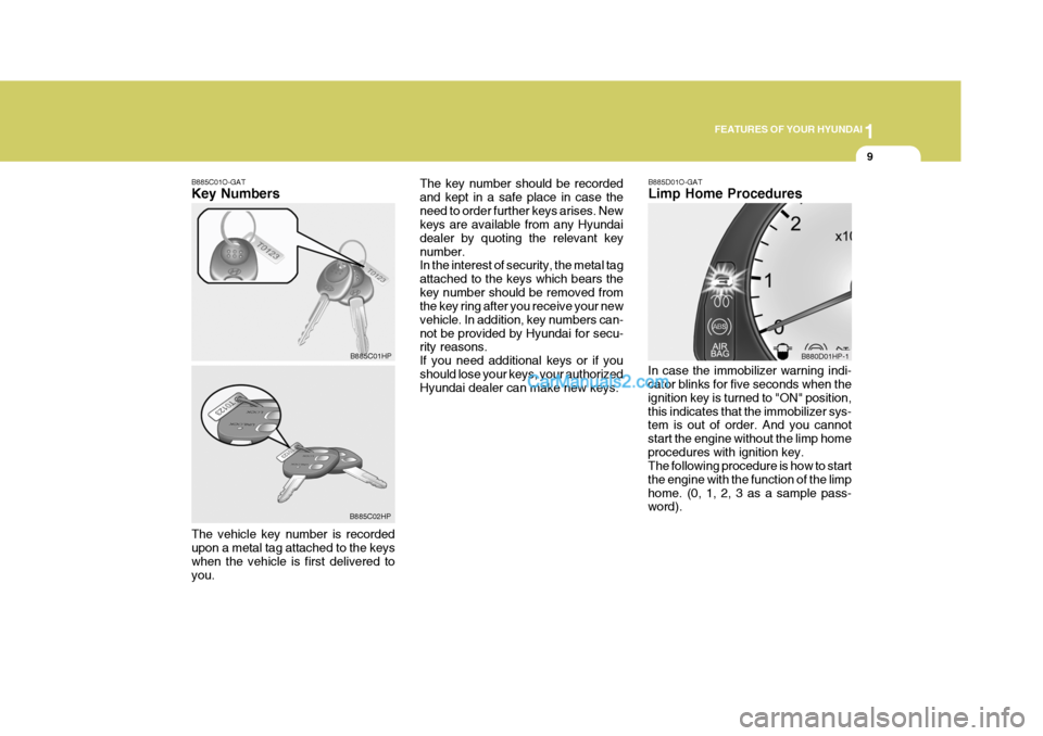 Hyundai Terracan 2007 Owners Manual 1
FEATURES OF YOUR HYUNDAI
9
B885C01O-GAT Key Numbers B885D01O-GATLimp Home Procedures
In case the immobilizer warning indi- cator blinks for five seconds when the ignition key is turned to "ON" posit Hyundai Terracan 2007 Owners Manual 1
FEATURES OF YOUR HYUNDAI
9
B885C01O-GAT Key Numbers B885D01O-GATLimp Home Procedures
In case the immobilizer warning indi- cator blinks for five seconds when the ignition key is turned to "ON" posit