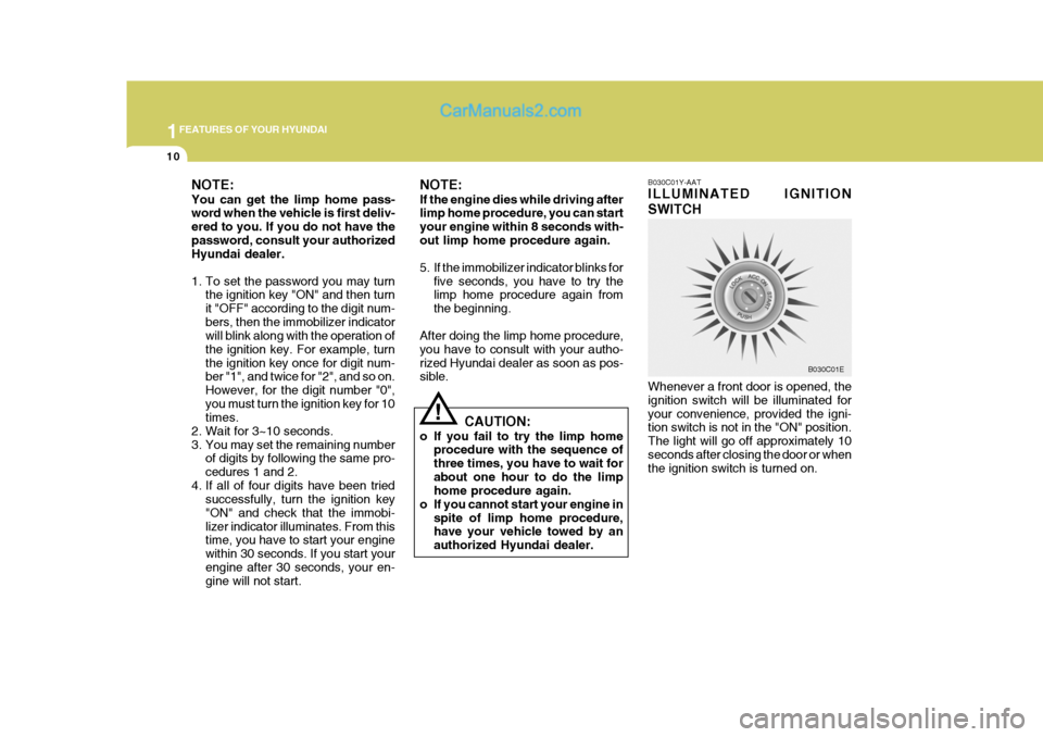 Hyundai Terracan 2007 Owners Manual 1FEATURES OF YOUR HYUNDAI
10
!
NOTE: If the engine dies while driving after limp home procedure, you can start your engine within 8 seconds with-out limp home procedure again.
5. If the immobilizer i Hyundai Terracan 2007 Owners Manual 1FEATURES OF YOUR HYUNDAI
10
!
NOTE: If the engine dies while driving after limp home procedure, you can start your engine within 8 seconds with-out limp home procedure again.
5. If the immobilizer i