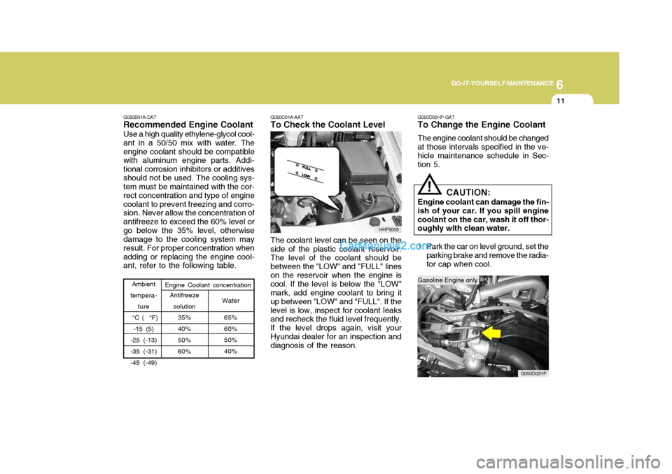 Hyundai Terracan 2007 Owners Manual 6
DO-IT-YOURSELF MAINTENANCE
11
!
Ambient
tempera-
ture
°C ( °F)
-15 (5)
-25 (-13) -35 (-31) -45 (-49) Engine Coolant concentration
Water
65% 60% 50% 40%
Antifreeze solution 35% 40% 50% 60%
G050C0 Hyundai Terracan 2007 Owners Manual 6
DO-IT-YOURSELF MAINTENANCE
11
!
Ambient
tempera-
ture
°C ( °F)
-15 (5)
-25 (-13) -35 (-31) -45 (-49) Engine Coolant concentration
Water
65% 60% 50% 40%
Antifreeze solution 35% 40% 50% 60%
G050C0