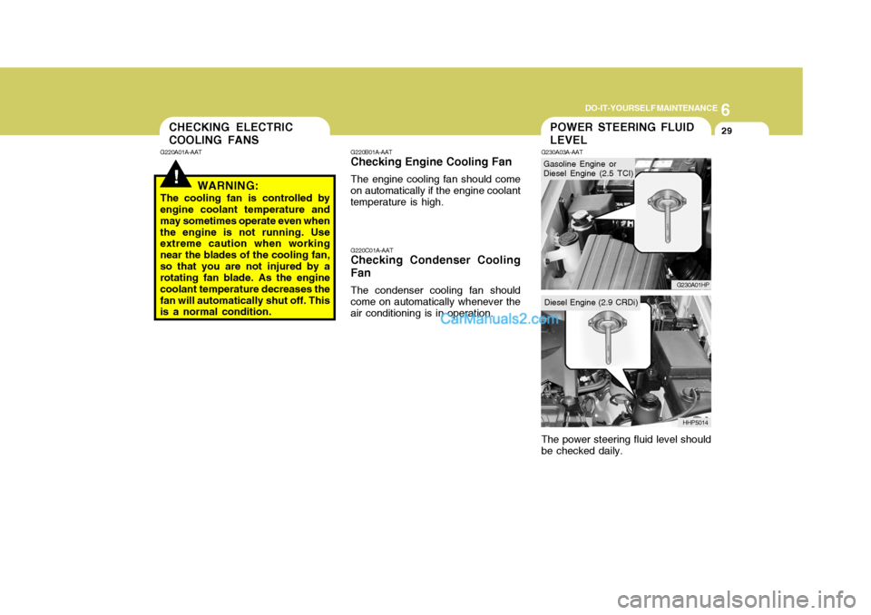 Hyundai Terracan 2007  Owners Manual 6
DO-IT-YOURSELF MAINTENANCE
29
Gasoline Engine or Diesel Engine (2.5 TCI)
POWER STEERING FLUID LEVEL
G220B01A-AAT
Checking Engine Cooling Fan
The engine cooling fan should come
on automatically if th