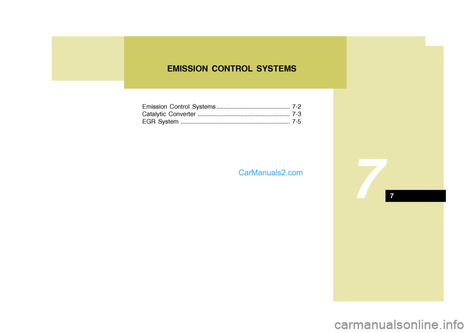 Hyundai Terracan 2007  Owners Manual Emission Control Systems ........................................... 7-2 
Catalytic Converter ...................................................... 7-3
EGR System ....................................