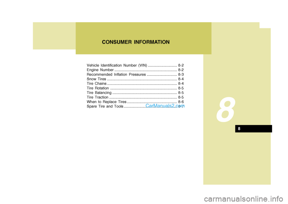 Hyundai Terracan 2007 Owners Manual Vehicle Identification Number (VIN) ............................ 8-2
Engine Number ............................................................ 8-2
Recommended Inflation Pressures ................... Hyundai Terracan 2007 Owners Manual Vehicle Identification Number (VIN) ............................ 8-2
Engine Number ............................................................ 8-2
Recommended Inflation Pressures ...................