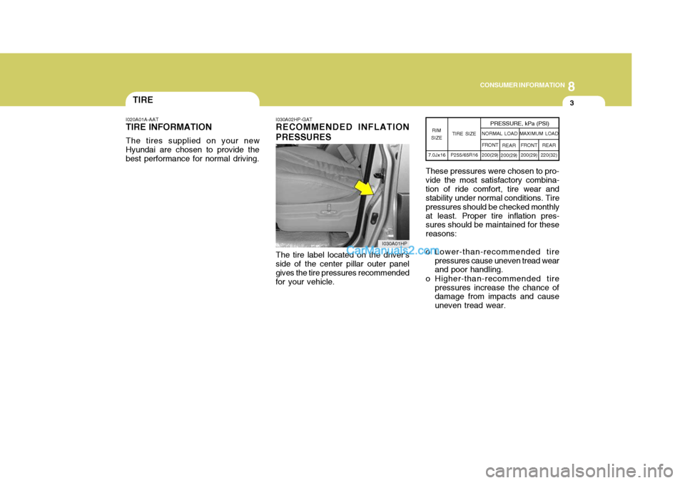 Hyundai Terracan 2007 Owners Manual 8
CONSUMER INFORMATION
3TIRE
I020A01A-AAT
TIRE INFORMATION
The tires supplied on your new
Hyundai are chosen to provide the best performance for normal driving. I030A02HP-GAT RECOMMENDED INFLATION PRE Hyundai Terracan 2007 Owners Manual 8
CONSUMER INFORMATION
3TIRE
I020A01A-AAT
TIRE INFORMATION
The tires supplied on your new
Hyundai are chosen to provide the best performance for normal driving. I030A02HP-GAT RECOMMENDED INFLATION PRE