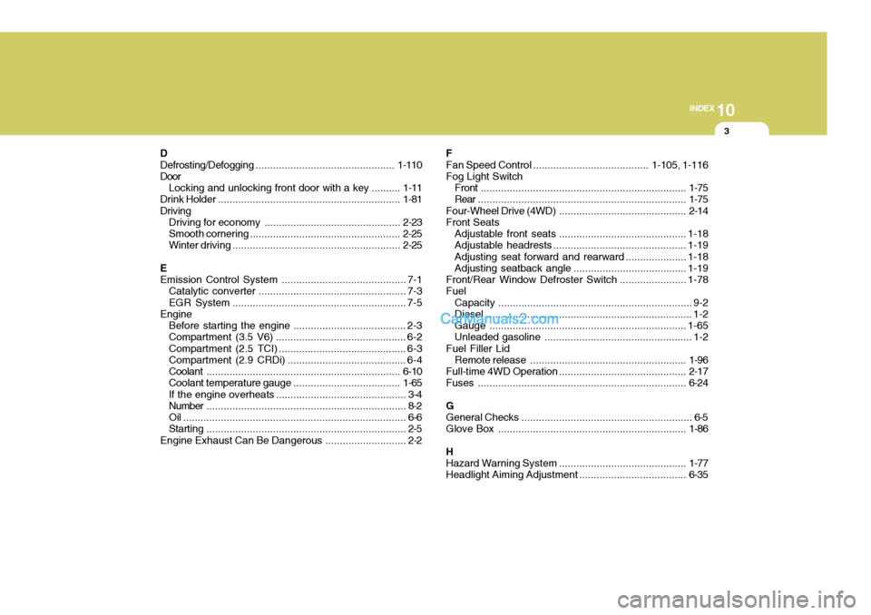 Hyundai Terracan 2007  Owners Manual 10
INDEX
3
D Defrosting/Defogging ................................................ 1-110
Door
Locking and unlocking front door with a key .......... 1-11
Drink Holder .................................