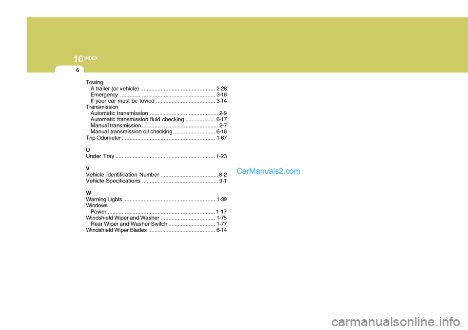Hyundai Terracan 2007  Owners Manual 10INDEX
6
TowingA trailer (or  vehicle) ................................................ 2-28
Emergency ............................................................. 3-16
If your car must  be towed ..