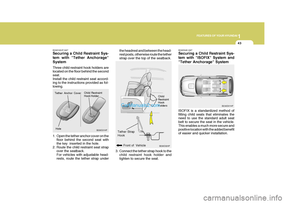Hyundai Terracan 2007 Workshop Manual 1
FEATURES OF YOUR HYUNDAI
43
B230D04E-GAT Securing a Child Restraint Sys- tem with "ISOFIX" System and"Tether Anchorage" System ISOFIX is a standardized method of fitting child seats that eliminates 