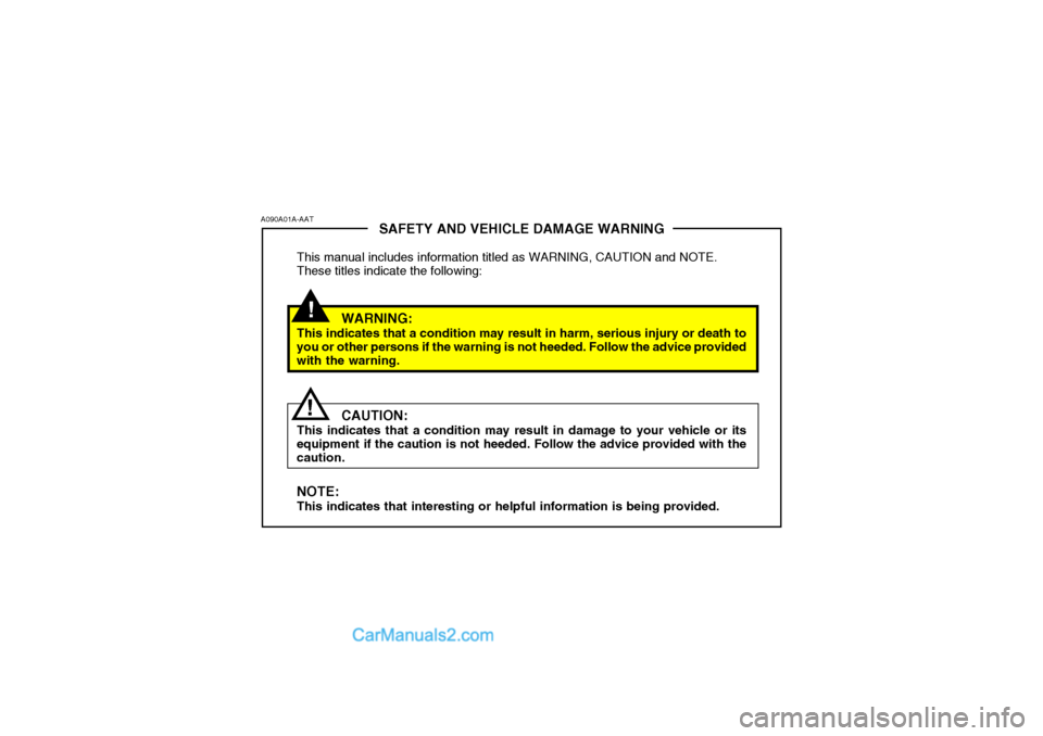 Hyundai Terracan 2007  Owners Manual !
SAFETY AND VEHICLE DAMAGE WARNING
This manual includes information titled as WARNING, CAUTION and NOTE. These titles indicate the following:
WARNING:
This indicates that a condition may result in ha