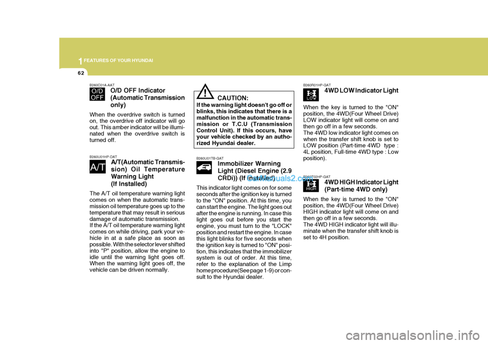Hyundai Terracan 2007 Manual PDF 1FEATURES OF YOUR HYUNDAI
62
B260R01HP-GAT4WD LOW Indicator Light
When the key is turned to the "ON" position, the 4WD(Four Wheel Drive)LOW indicator light will come on and then go off in a few second Hyundai Terracan 2007 Manual PDF 1FEATURES OF YOUR HYUNDAI
62
B260R01HP-GAT4WD LOW Indicator Light
When the key is turned to the "ON" position, the 4WD(Four Wheel Drive)LOW indicator light will come on and then go off in a few second