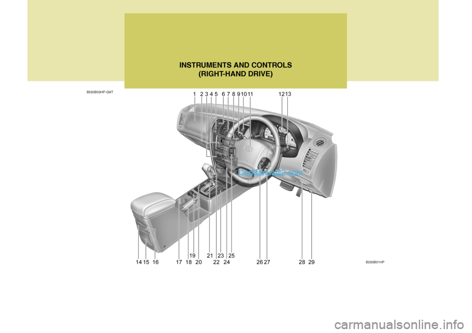Hyundai Terracan 2006 User Guide B250B01HP
B250B03HP-GAT
INSTRUMENTS AND CONTROLS
(RIGHT-HAND DRIVE)   