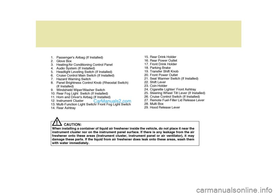 Hyundai Terracan 2006 User Guide CAUTION:
When installing a container of liquid air freshener inside the vehicle, do not place it near the instrument cluster nor on the instrument panel surface. If there is any leakage from the air f